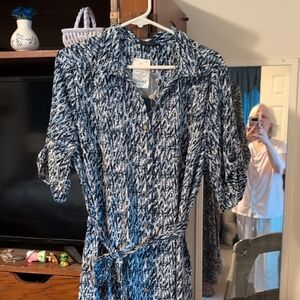 Adrienne Vittadini Blue and White Cuffed Sleeve Shirt Dress